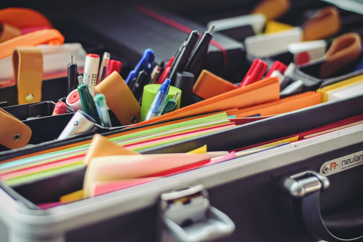 Organizer case filled with pens and office supplies