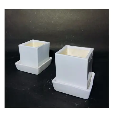 Square Pot with Plate, White pot — HV-WHT-020, H 7.5 × D 7.5 cm