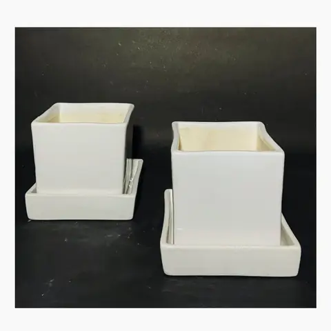 Square Pot with Plate, White pot — HV-WHT-021, H 10 × D 10 cm