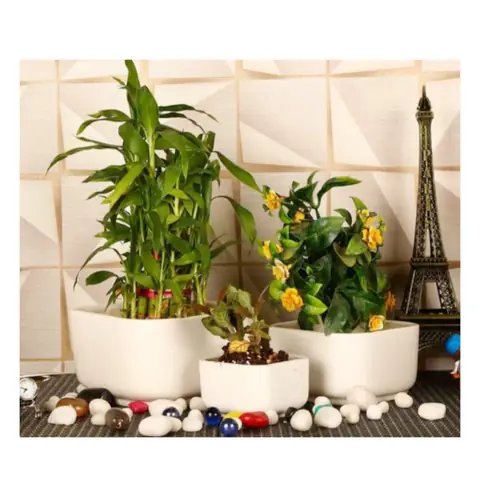 Square Bowl — set of 3, White pot — HV-WHT-036, H 9 × D 15 / H 7.5 × D 12.5 / H 5 × D 9 cm