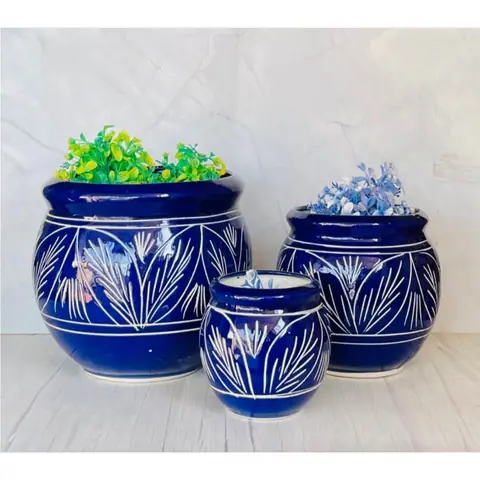 Blue-Cutting Ganda — 3-teilig, Topf-Set — HV-SET-051, H 25,5 × D 28 / H 20,5 × D 19 / H 15 × D 15 cm