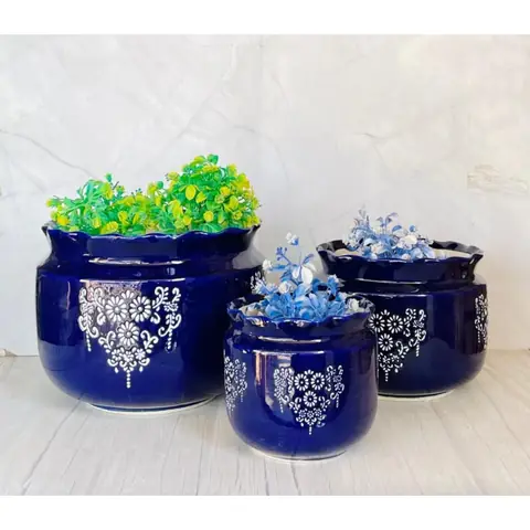 Blue Jaipuri — 3-teilig, Topf-Set — HV-SET-052, H 21,5 × D 28 / H 18 × D 21,5 / H 15 × D 16,5 cm