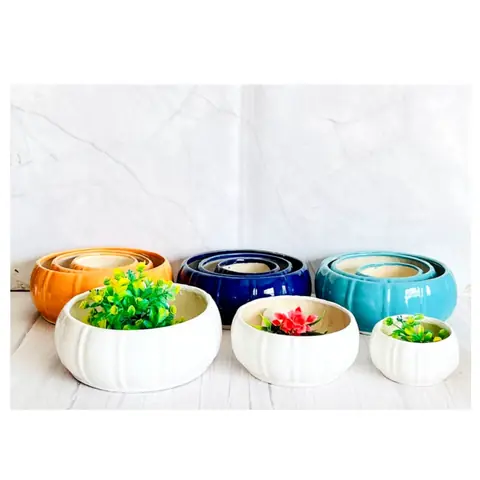 Melon Bonsai — 3-teilig, Topf-Set — HV-SET-059, H 9 × D 23 / H 7,5 × D 18 / H 6,5 × D 11,5 cm