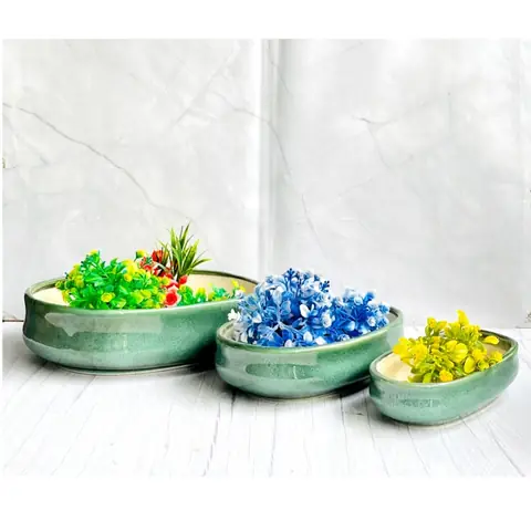 Oval Bonsai — 3-teilig, Topf-Set — HV-SET-063, H 10 × D 23 × L 34,5 / H 7,5 × D 18 × L 26,5 cm