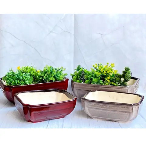 Rectangular Bonsai — 2-teilig, Topf-Set — HV-SET-064, H 11,5 × D 32 / H 10 × D 25,5 cm