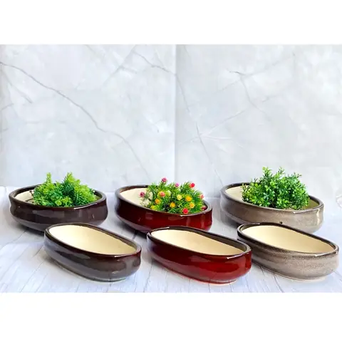 Oval Bonsai — 2-teilig, Topf-Set — HV-SET-065, H 7,5 × D 28 / H 6,5 × D 23 cm