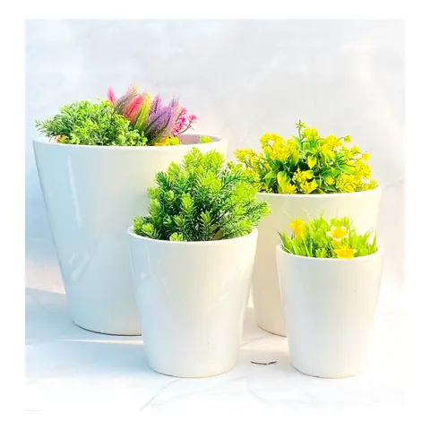 Pure White Bucket — 4-teilig, Topf-Set — HV-SET-068, H 24 × D 25,5 / H 18 × D 19 / H 15 × D 15 / H 14 × D 11,5 cm